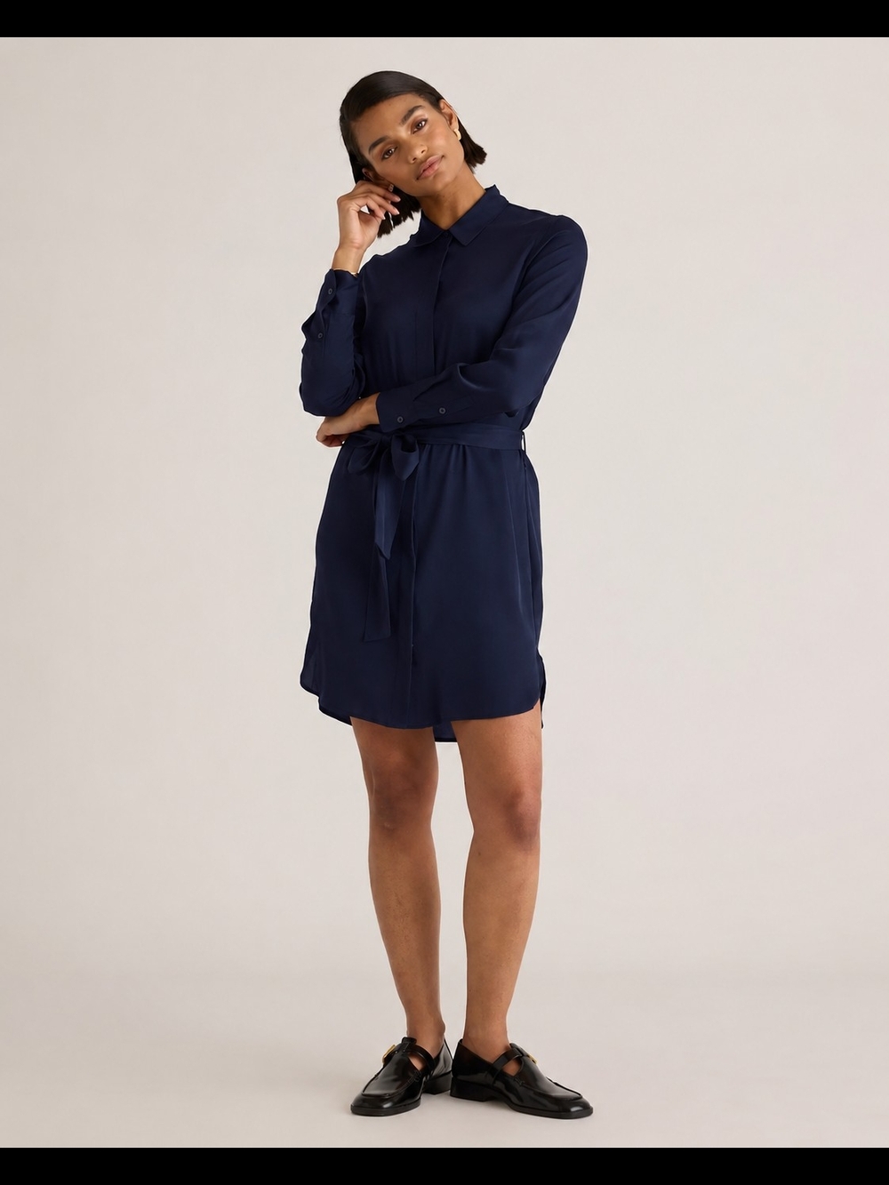 Quince Navy Long Sleeve Silk Shirt Dress
